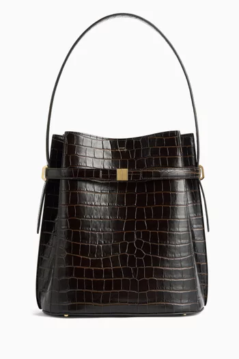 Belted Bucket Bag in Croc-embossed Leather