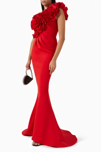 One-shoulder Ruffled Gown in Scuba-fabric