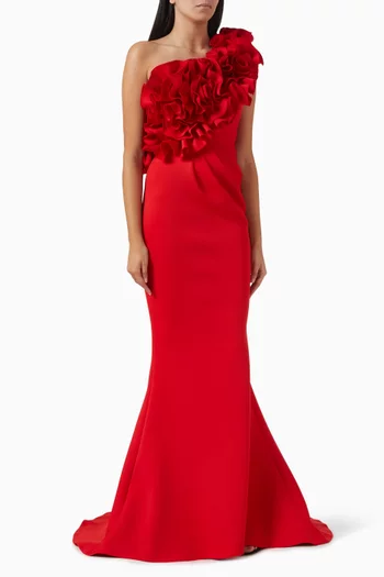 One-shoulder Ruffled Gown in Scuba-fabric