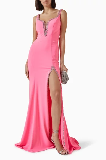 Crystal-embellished Slit Gown in Stretch Jersey