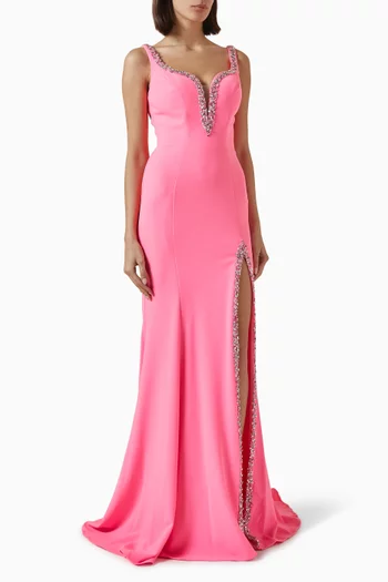 Crystal-embellished Slit Gown in Stretch Jersey