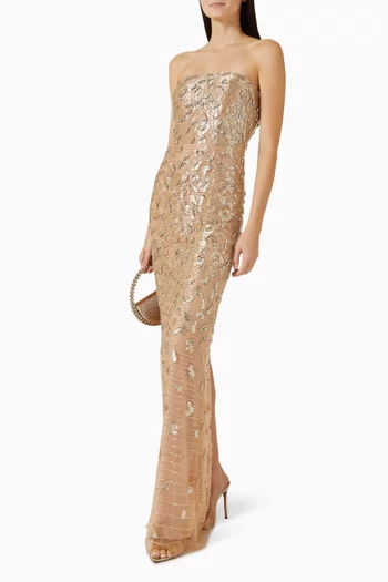 Strapless Beaded Gown in Mesh