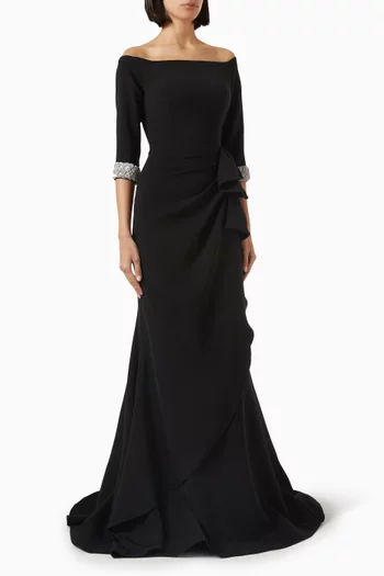 Rhinestone Off-shoulder Gown in Crepe