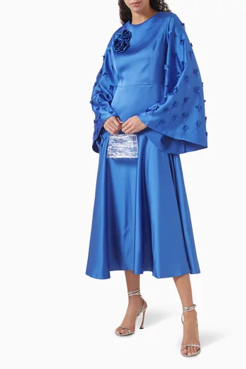 Floral-appliqué Midi Dress in Satin