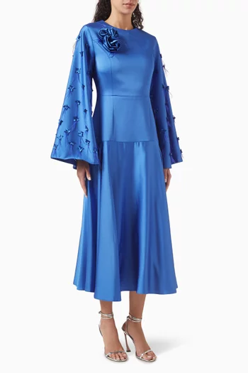 Floral-appliqué Midi Dress in Satin