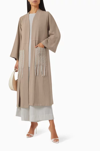 4-piece Tassel Abaya Set in Linen & Crepe