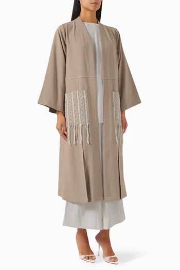 4-piece Tassel Abaya Set in Linen & Crepe