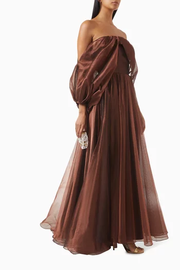 Strapless Draped Gown in Shiny Tulle