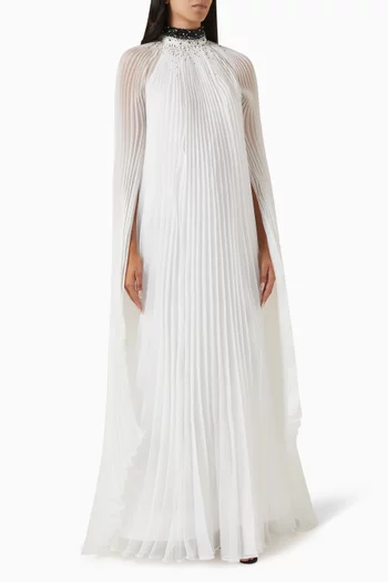 Embellished Cape-sleeve Gown in Crepe & Organza