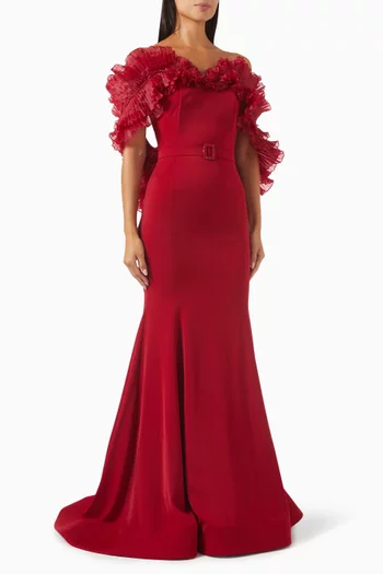 Off-shoulder Ruffle Gown in Stretch Crepe