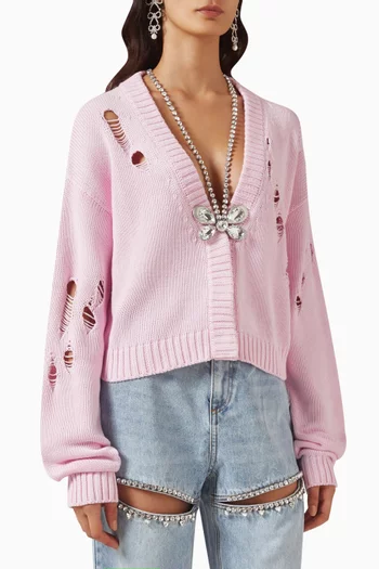 Crystal Butterfly Distressed Cardigan in Organic Cotton-blend