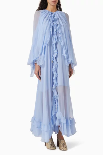 Cape Ruffle Maxi Dress in Silk Mousseline