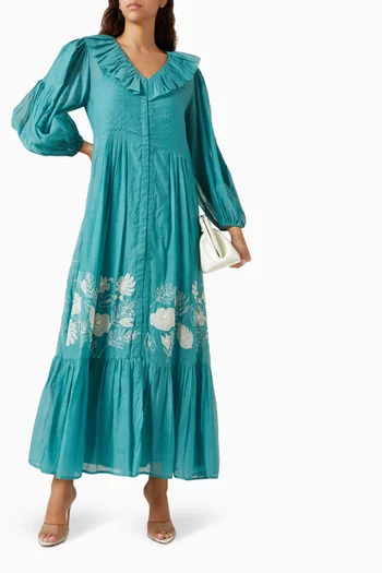 Floral-embroidered Maxi Dress in Cotton-silk