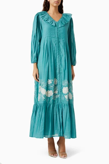 Floral-embroidered Maxi Dress in Cotton-silk
