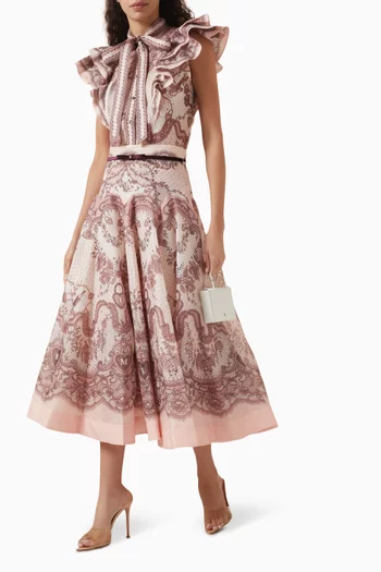 Crush Flared Midi Skirt in Linen-blend