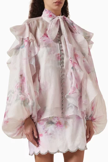 Crush Tie-neck Ruffle Blouse in Linen Blend