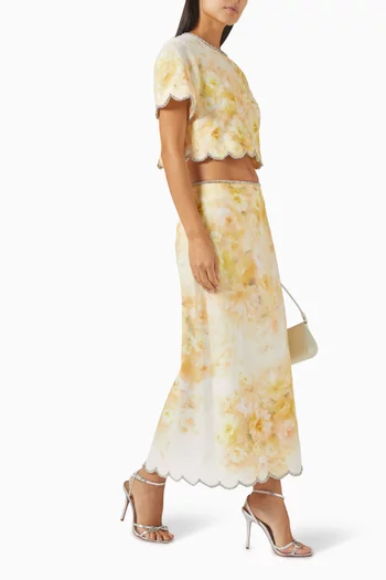 Crush Scalloped Midi Skirt in Linen Blend