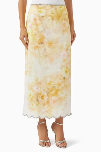 Crush Scalloped Midi Skirt in Linen Blend