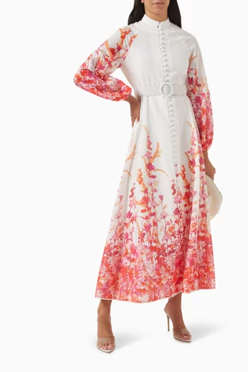 Floral-print Belted Maxi Dress in Linen