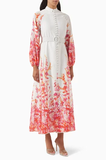 Floral-print Belted Maxi Dress in Linen