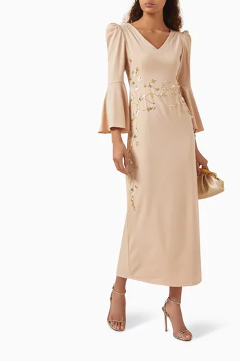 فستان متوسط الطول مطرز بزهور