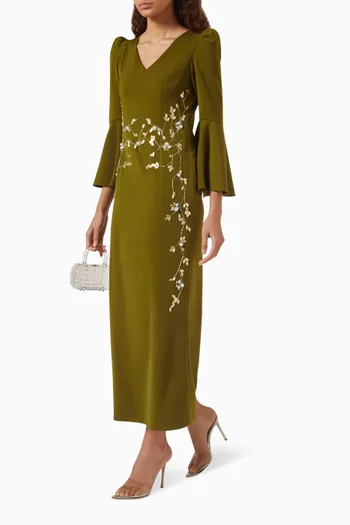 Floral-embroidered Midi Dress