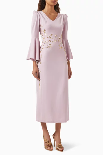 فستان متوسط الطول مطرز بزهور