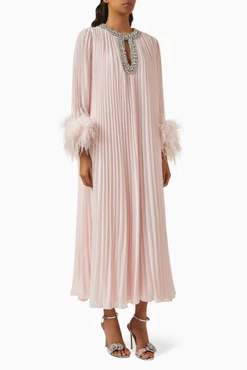 فستان متوسط الطول مزين بالريش شيفون