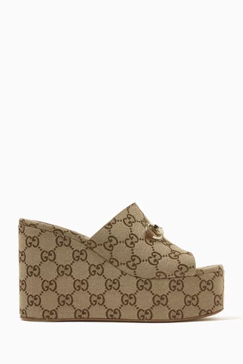 Carmen Horsebit Platform Wedge Sandals in GG Canvas