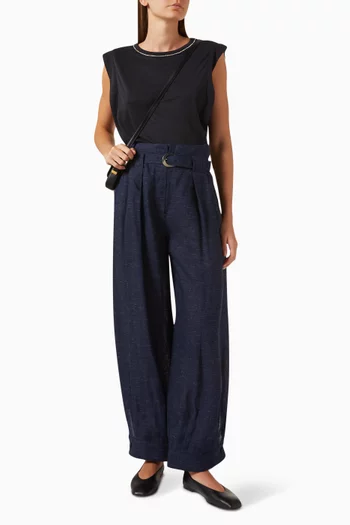 Straight-leg Belted Pants in Linen Chambray