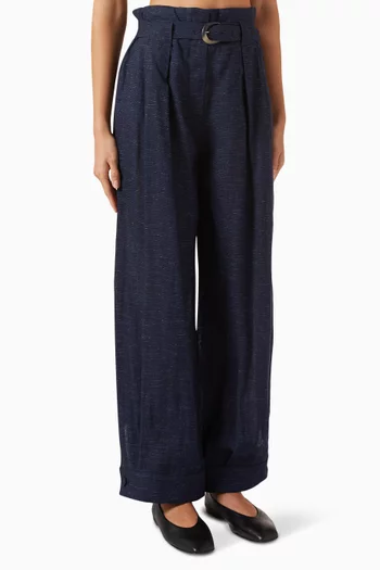 Straight-leg Belted Pants in Linen Chambray
