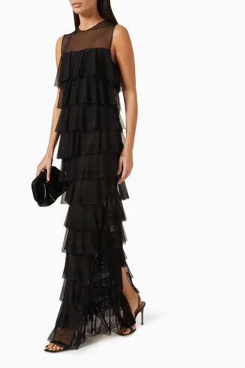 Sleeveless Tiered Ruffle Gown in Mesh