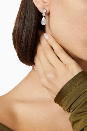 Pear and Round CZ Drop Earrings in Rhodium-plated Brass