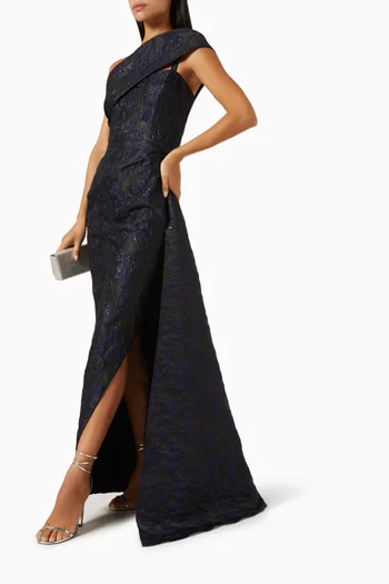 Asymmetrical One-shoulder Gown in Metallic Jacquard