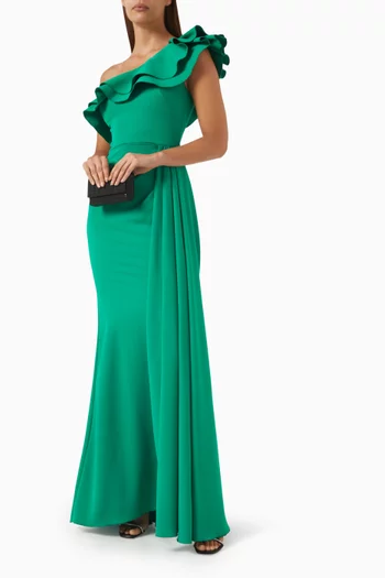 One-shoulder Ruffled Gown in Stretch-crepe
