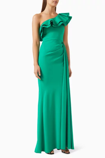 One-shoulder Ruffled Gown in Stretch-crepe