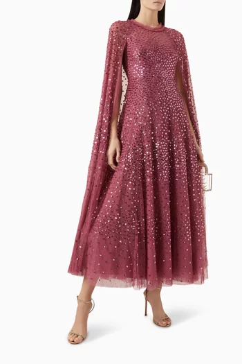 Sequin Cape-sleeve Gown in Tulle
