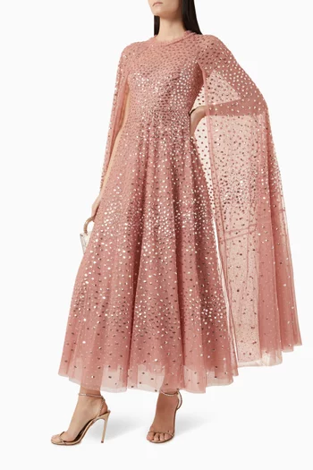 Sequin Cape-sleeve Gown in Tulle