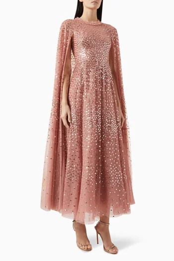 Sequin Cape-sleeve Gown in Tulle