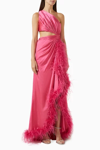 One-shoulder Feather-trim Gown