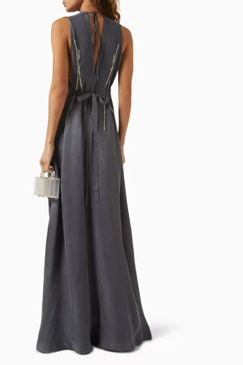 Embroidered Tie-back Maxi Dress in Cupro