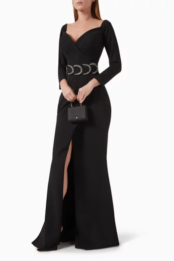 Karlie Embellished-belt Gown in Crepe