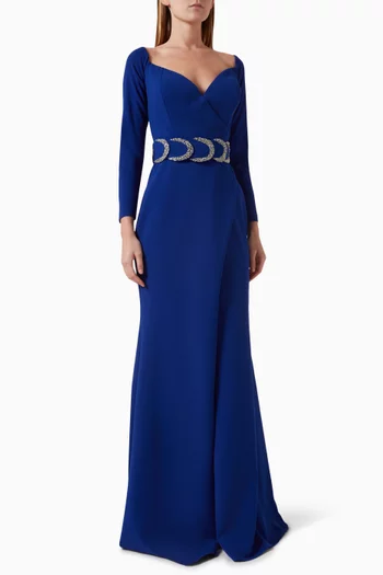 Karlie Embellished-belt Gown in Crepe