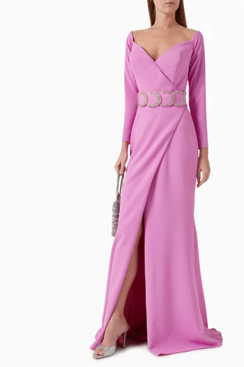Karlie Embellished-belt Gown in Crepe