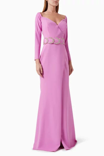 Karlie Embellished-belt Gown in Crepe