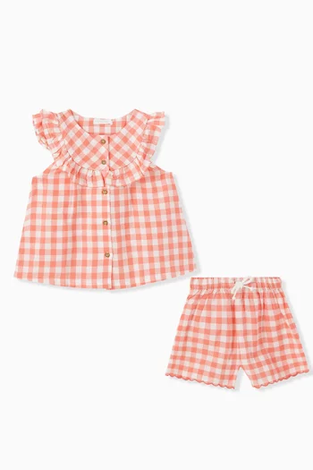 Coral Gingham Set in Linen-blend