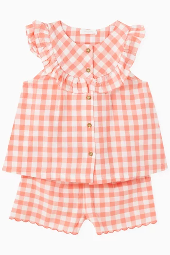 Coral Gingham Set in Linen-blend