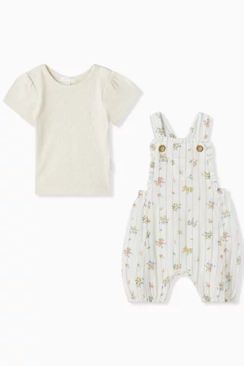 Nautical Floral-print Overall Set in Organic Cotton Muslin