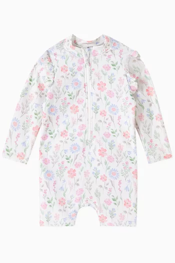 Geranium-print Long-sleeve Swimsuit