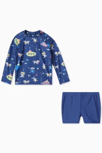 Submarine-print Swim Top & Shorts Set